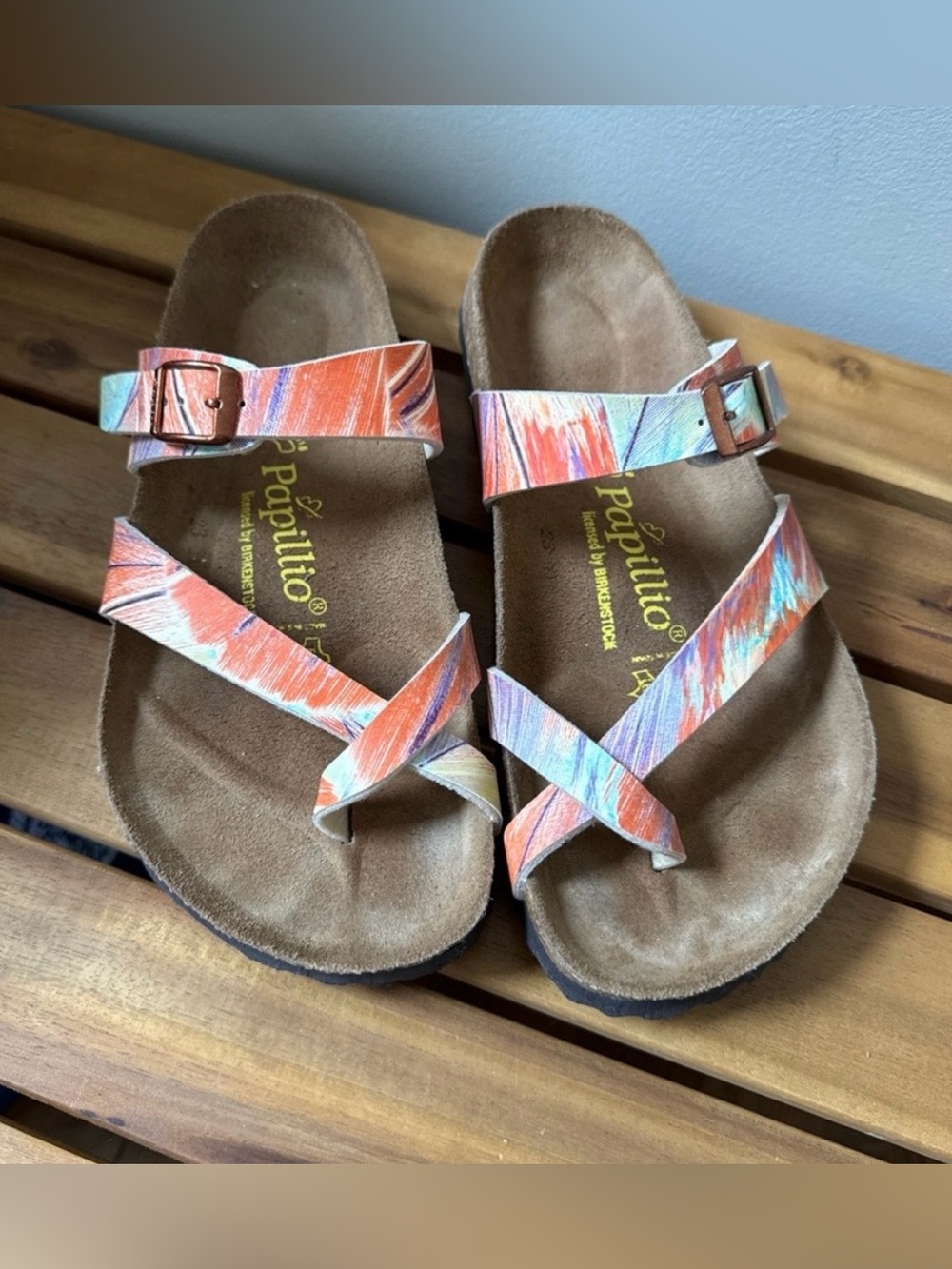 Birkenstock Papillio Strappy Sandals in Orange, Blue & White size 37